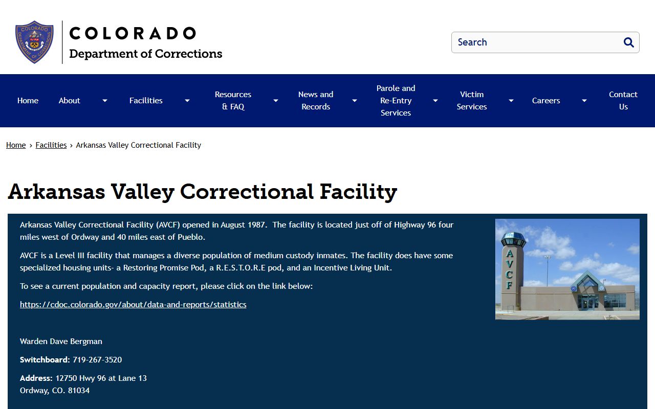 CDOC Arkansas Valley Correctional Facility page showing official facility information