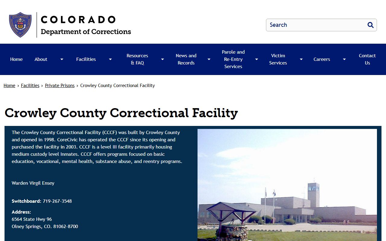 CDOC Crowley County Correctional Facility page showing private prison facility information