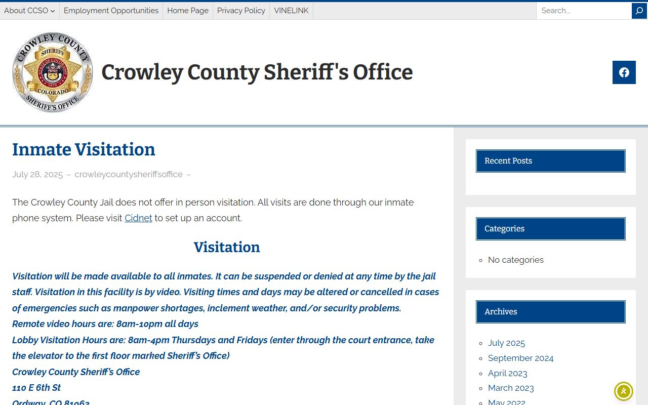 Crowley County Jail video visitation hours and CIDNET information