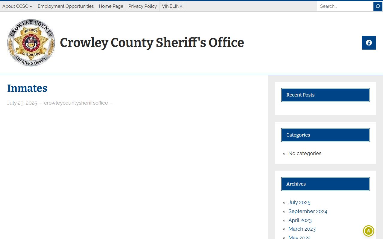 Crowley County inmate population sheriff inmate page with no visible roster form