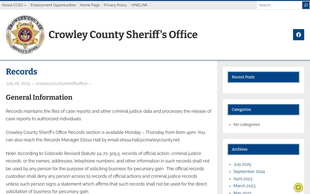 Crowley County Jail records request and records manager information